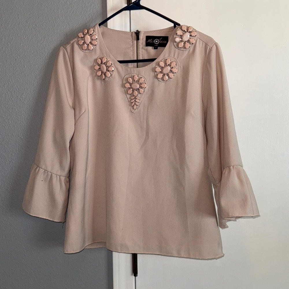Miss June Paris Jeweled Neckline Embellished Blouse Size 2 Lined